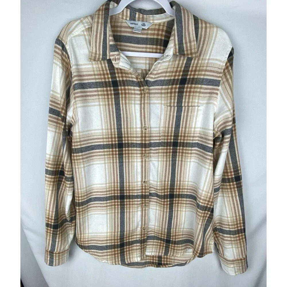 Old Navy Shirt Women LT Cream‎ Plaid Flannel Button Up Classic Fit 100% Cotton